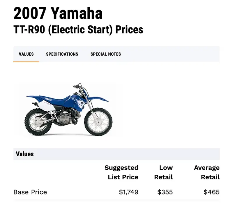 Screenshot of a 2007 Yamaha TT-R90 JD Power value