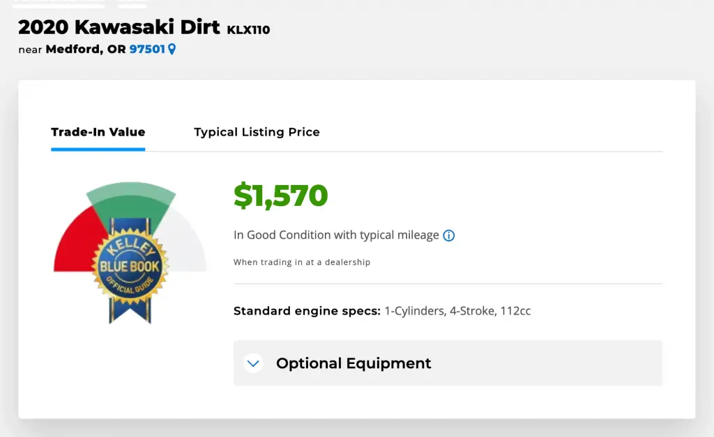 KBB Price for a KLX110