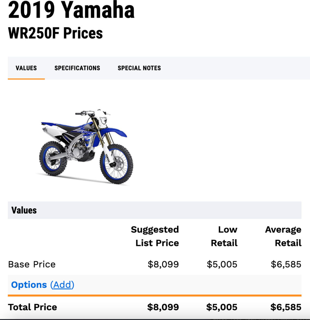 Screenshot of the JD Power value of a 2019 Yamaha WR250F