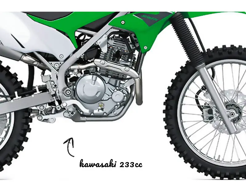 Arrow pointing at the KLX 230cc engine