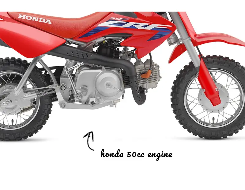 Arrow pointing at Honda 50cc engine