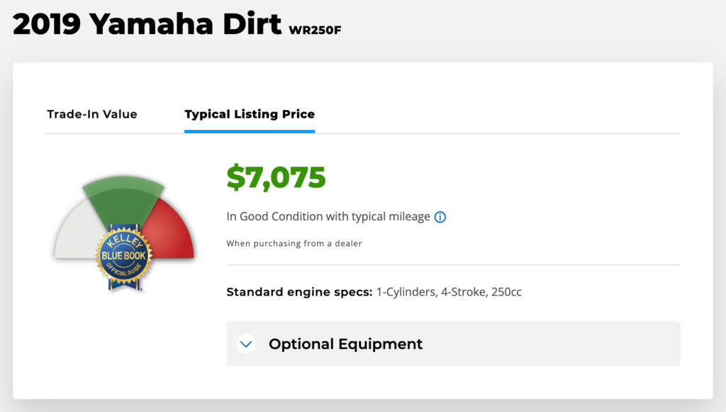 Screenshot of the KBB price for a 2019 WR250F