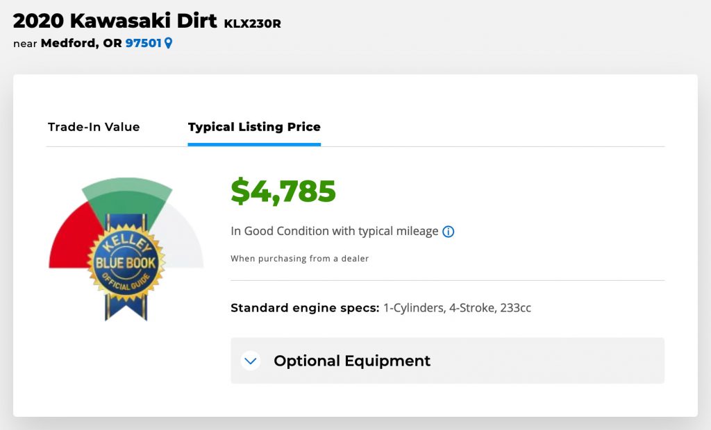 Screenshot of the Kelley Blue Book value for Kawasaki KLX230R