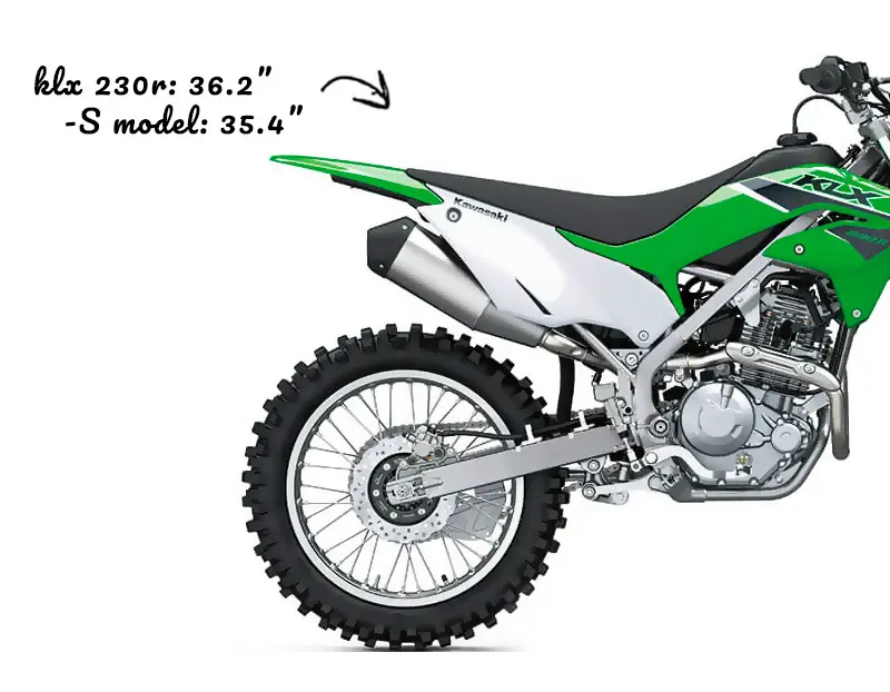 Close up showing the seat height of KLX 230R