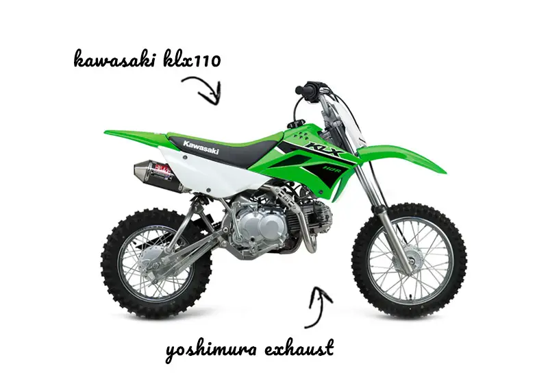 Kawasaki KLX110 with aftermarket exhaust on white background