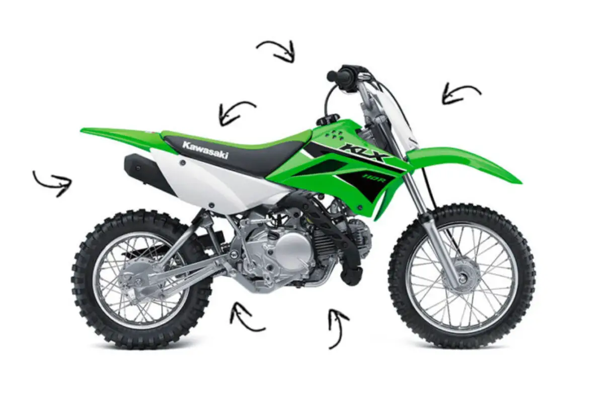 Arrows pointing at different KLX 110 mods