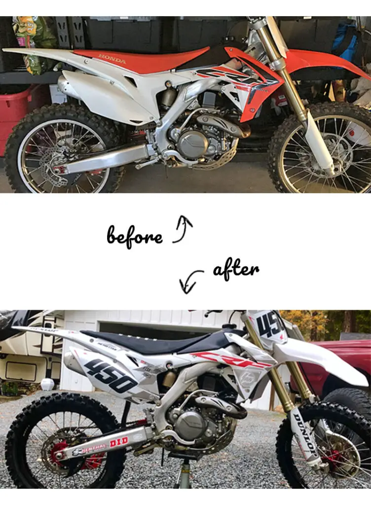 2015 Honda CRF450R before and after getting aftermarket graphics and plastics