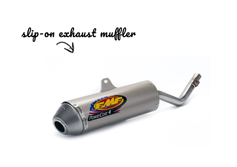 Arrow pointing to a FMF slip-on exhaust muffler
