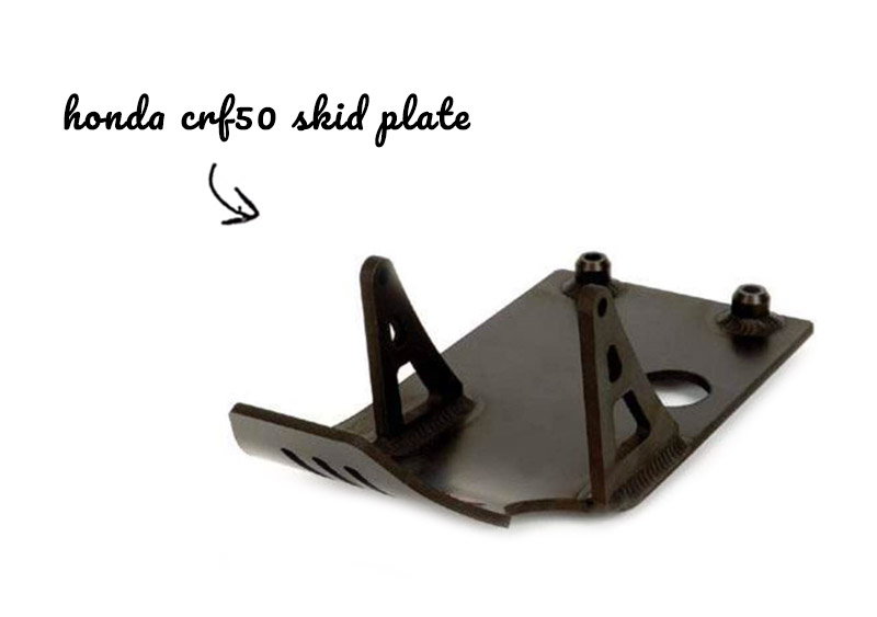 A black Honda CRF50 skid plate on white background