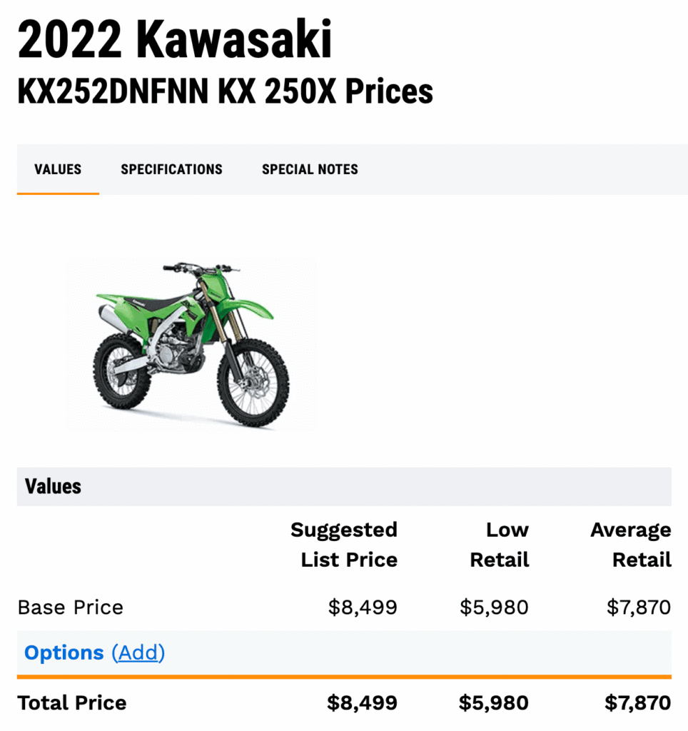 Screenshot of the JD Power value for KX 250X