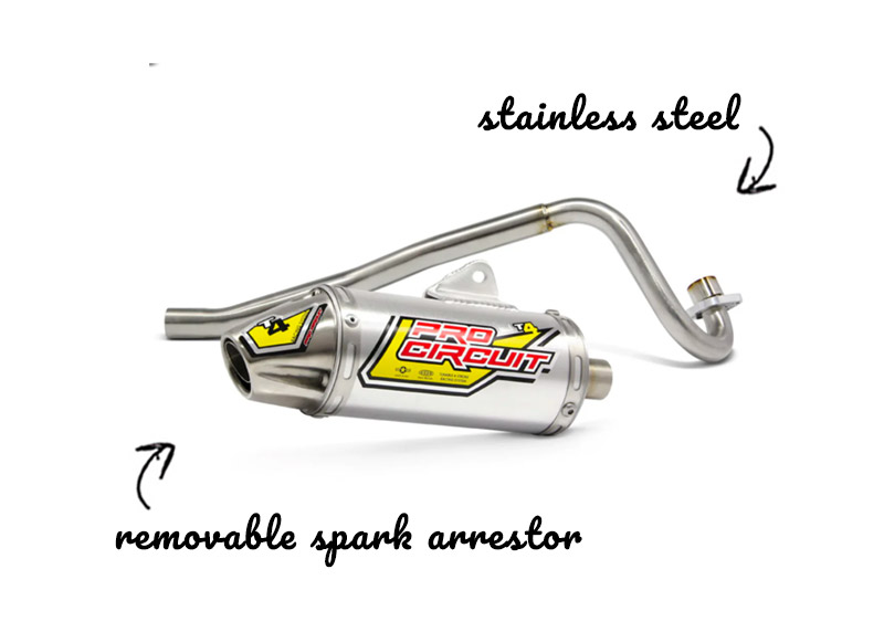 Arrows point at the Pro Circuit CRF50 exhaust