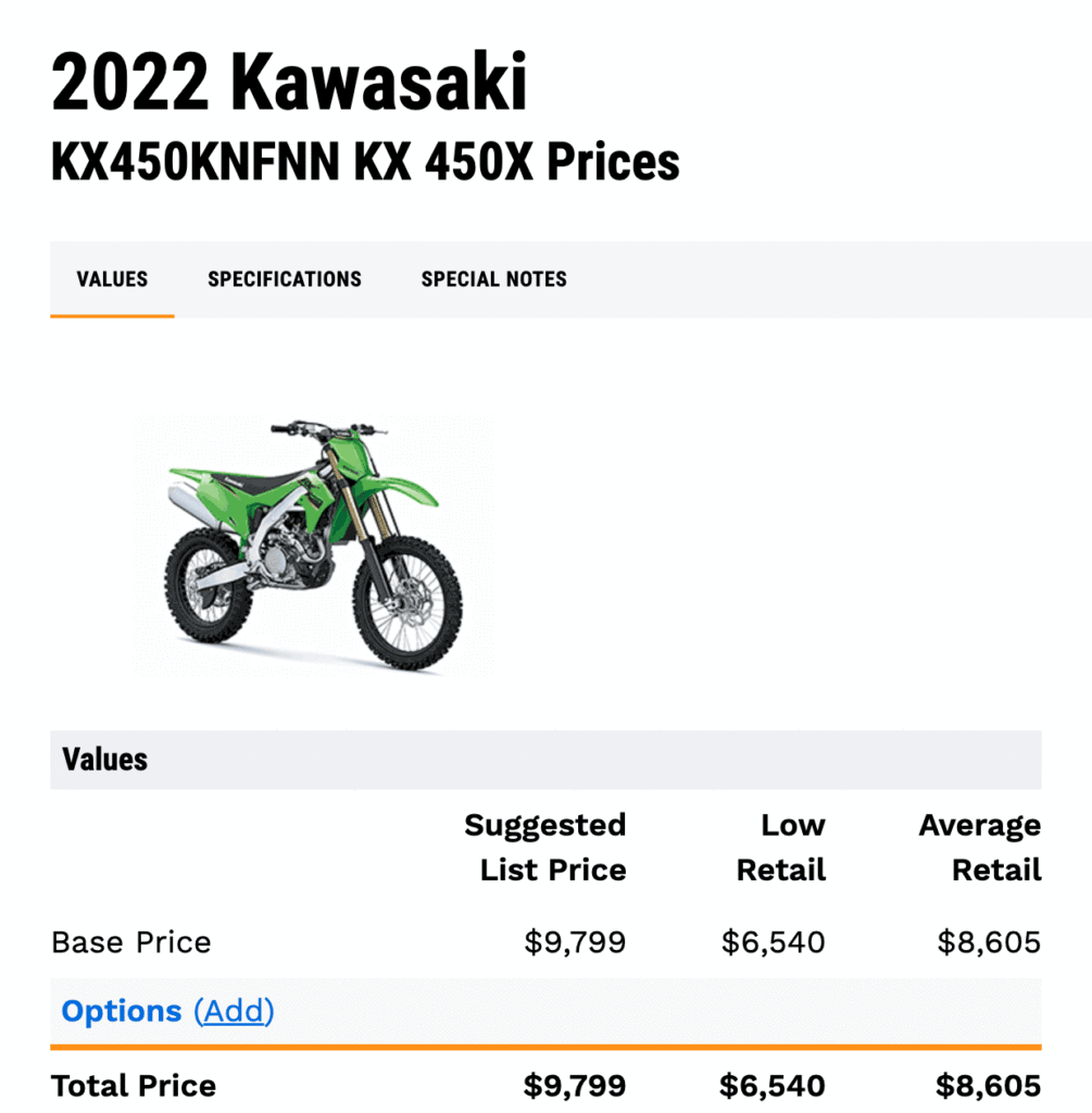 Screenshot of JD Power website showing 2022 Kawasaki KX450X value