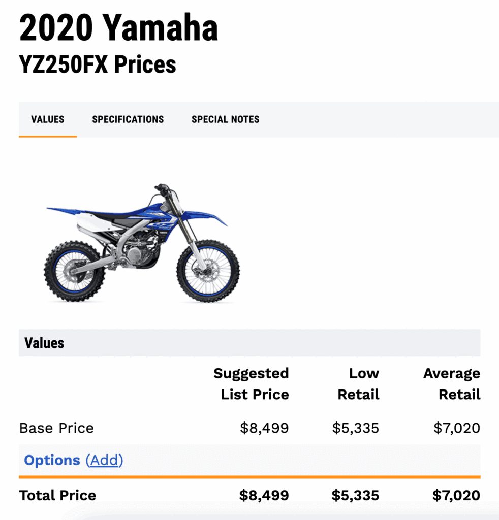 Screenshot of the JD Power YZ250FX value