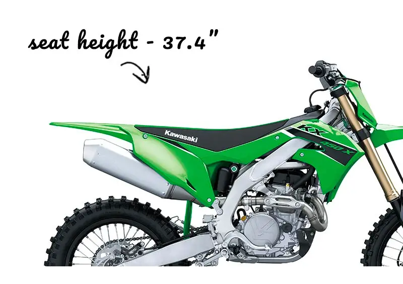 Arrow pointing at the seat height of a Kawasaki KX 450 X