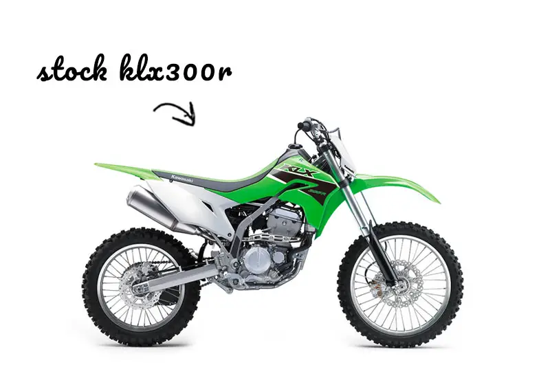 A stock Kawasaki KLX300R dirt bike with original exhaust