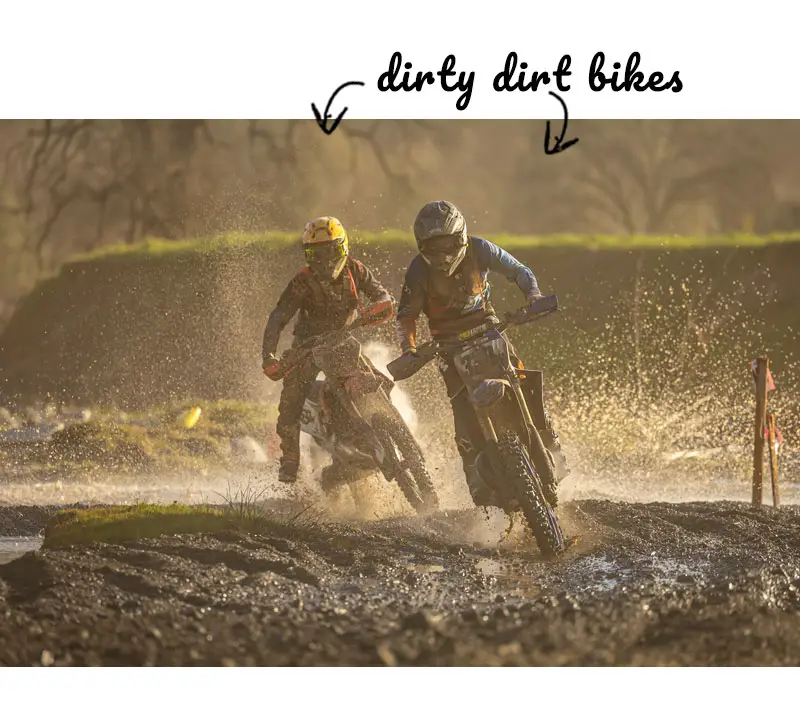 Two muddy dirt bikes that need a cleaning kit