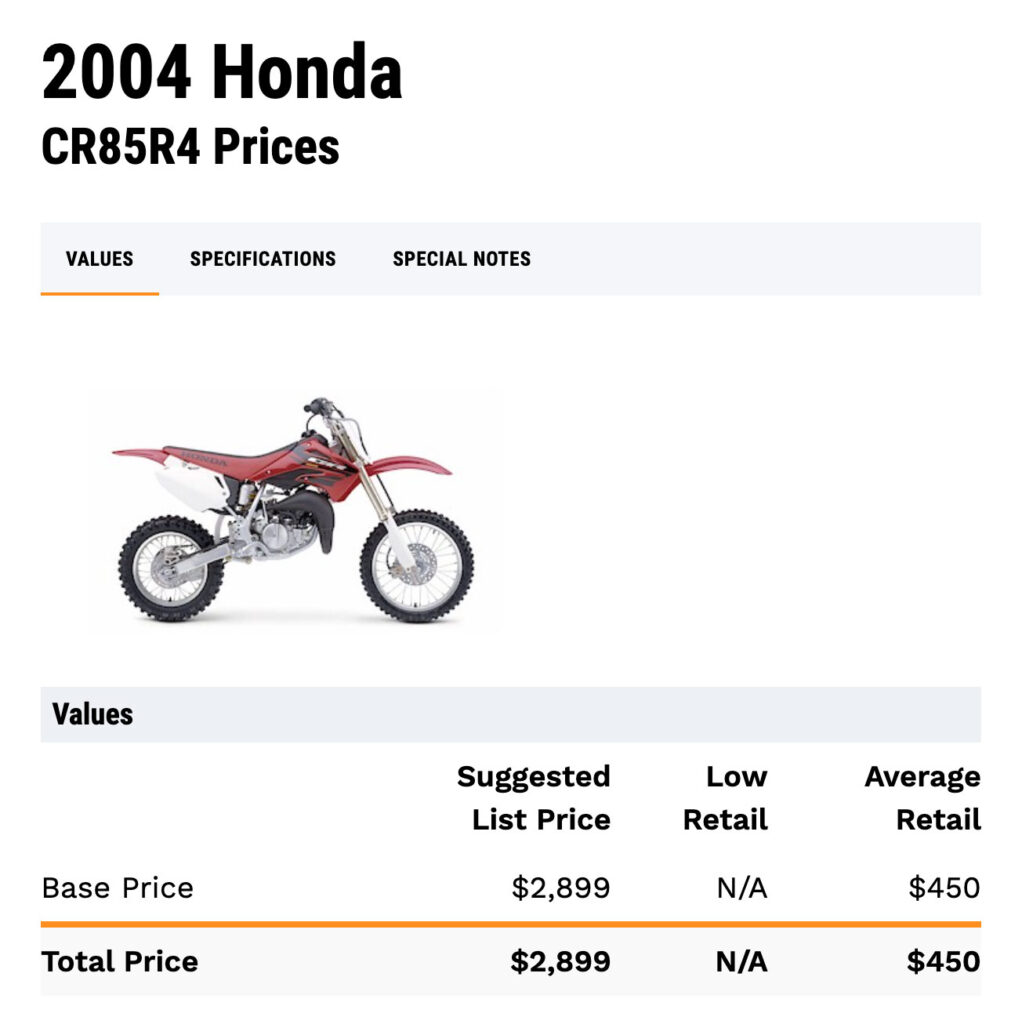 Screenshot of the Honda CR85 value on JD Power