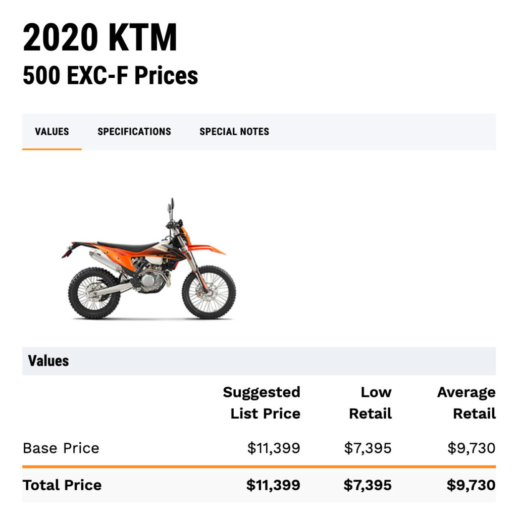 Screenshot of JD Power value for 2020 KTM 500