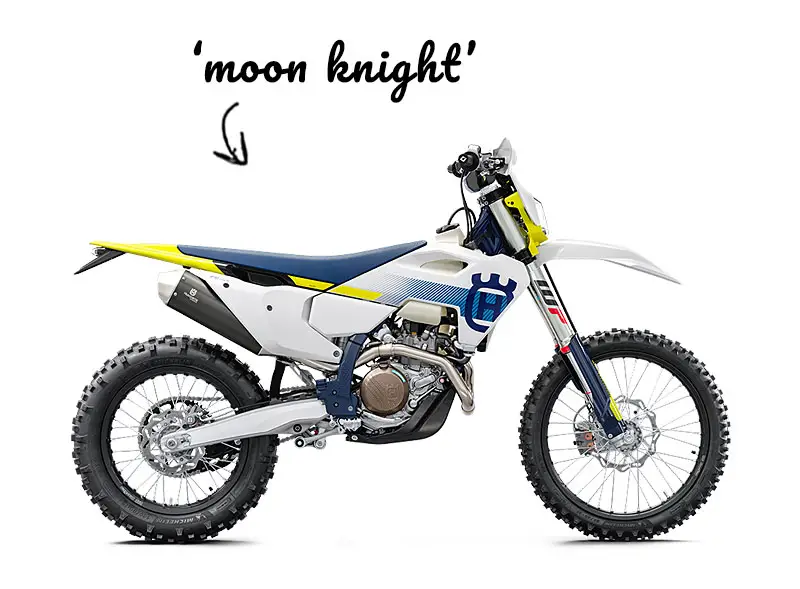 A white Husqvarna dirt bike named Moon Knight