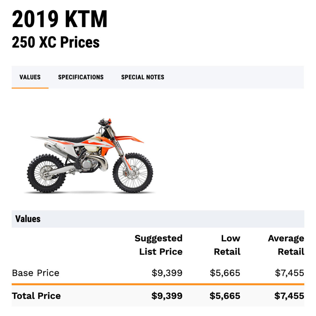 Screenshot of the JD Power Price for a 2019 KTM 250XC