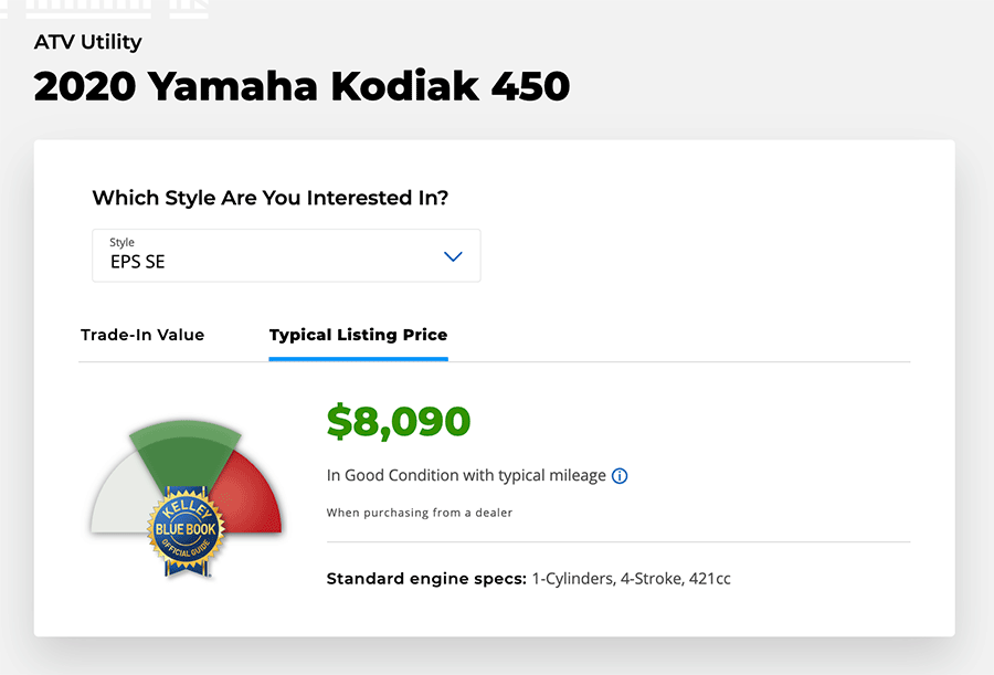 KBB screenshot of value of a Kodiak 450 EPS SE