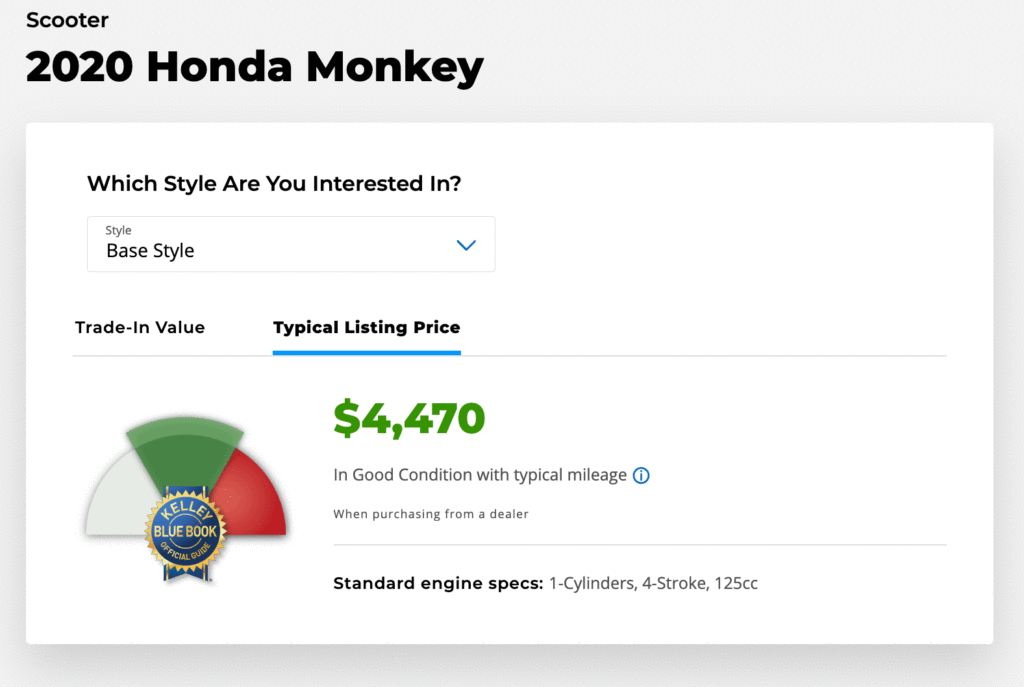 Screenshot of the Kelley Blue Book value of a 2020 Honda Monkey