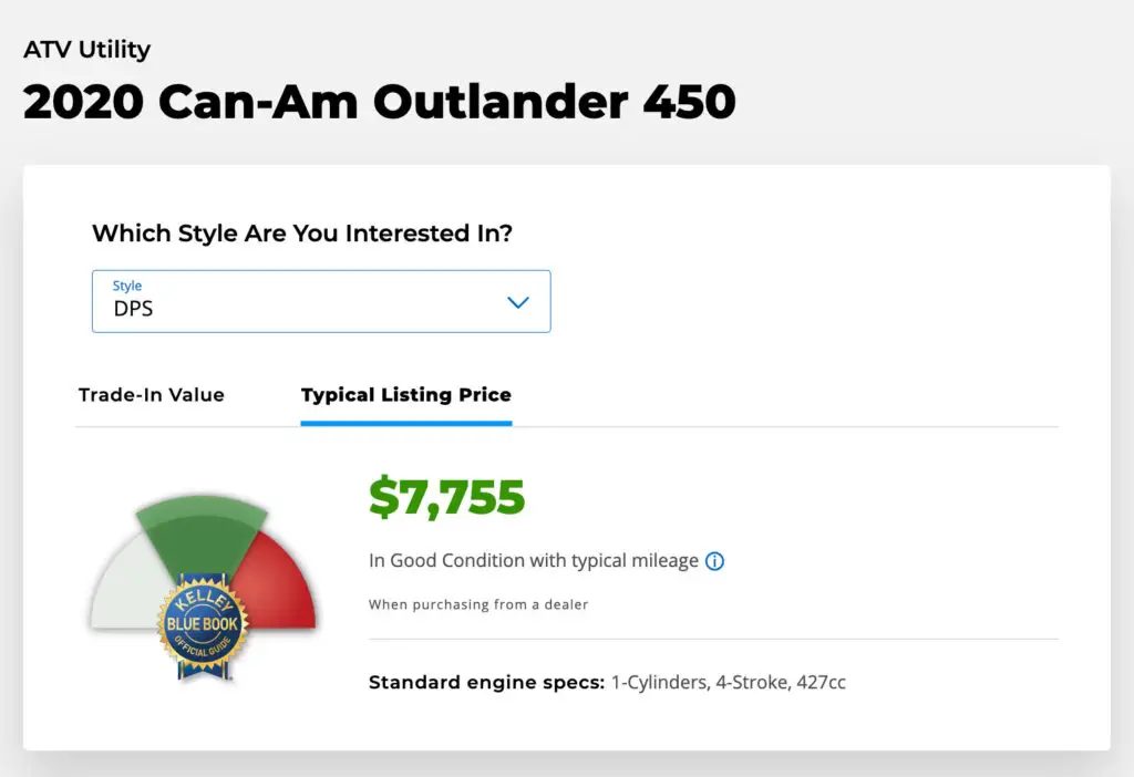 Screenshot of the KBB value of a Outlander 450