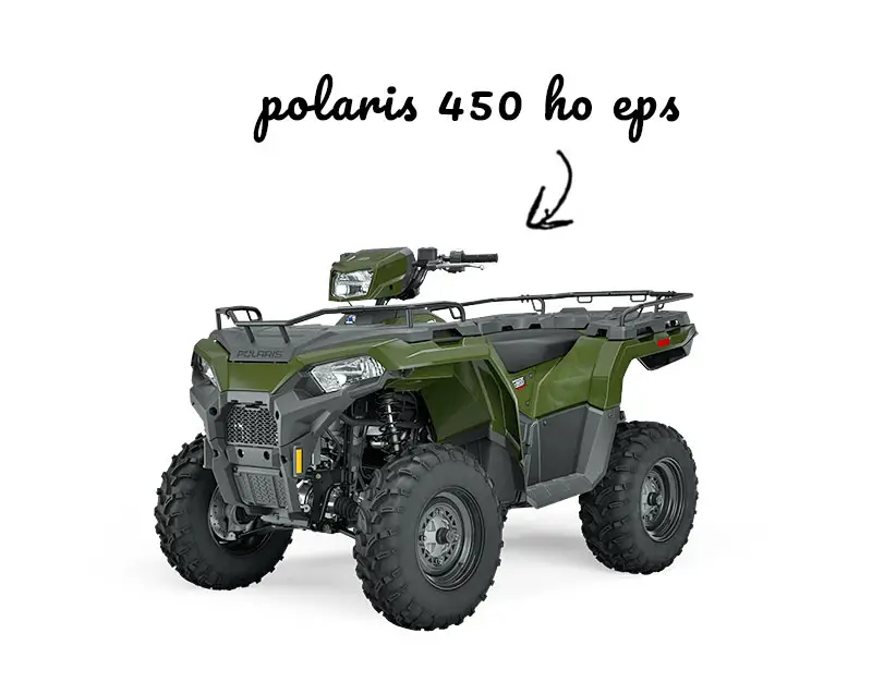 Arrow pointing at a Polaris 450 HO EPS quad